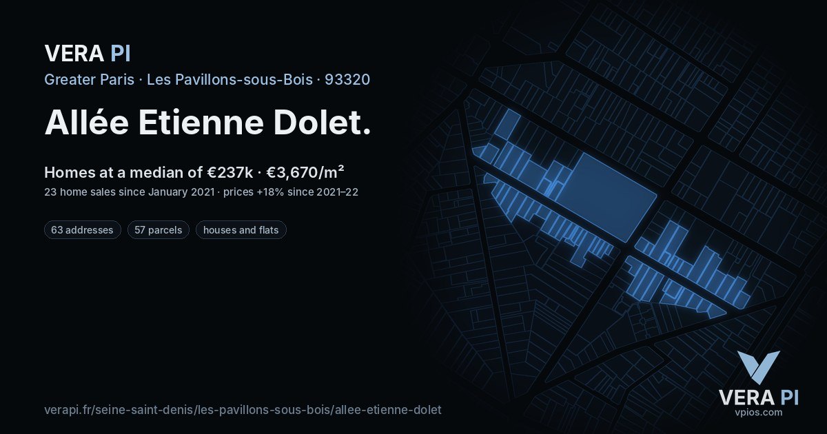 Allée Etienne Dolet, Les Pavillons-sous-Bois at night – every parcel coloured by the prices around it, the street's own parcels lit