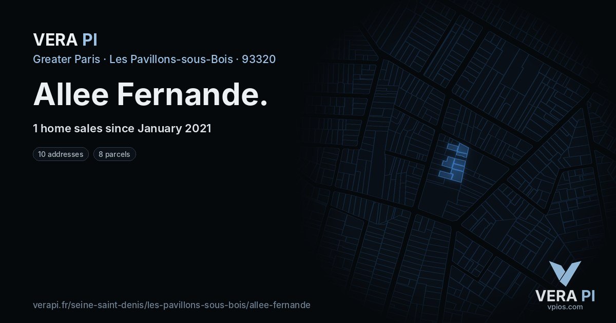 Allee Fernande, Les Pavillons-sous-Bois at night – every parcel coloured by the prices around it, the street's own parcels lit