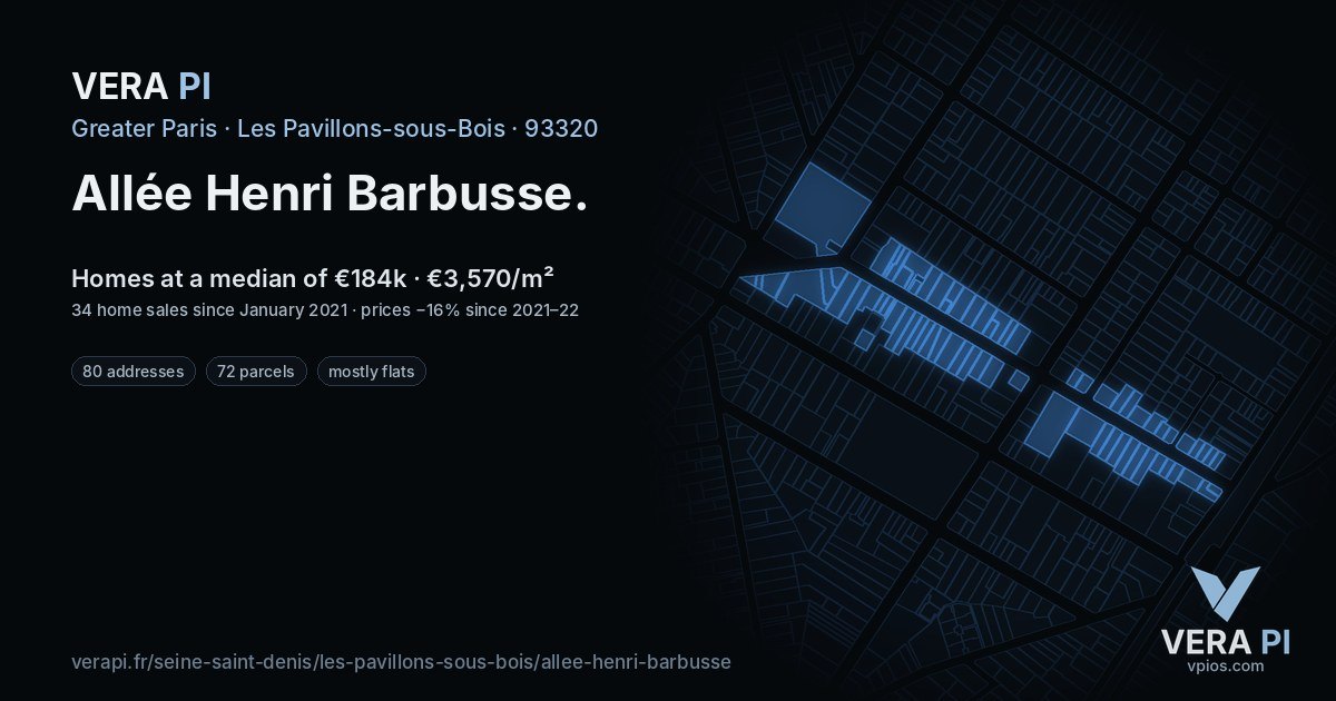 Allée Henri Barbusse, Les Pavillons-sous-Bois at night – every parcel coloured by the prices around it, the street's own parcels lit