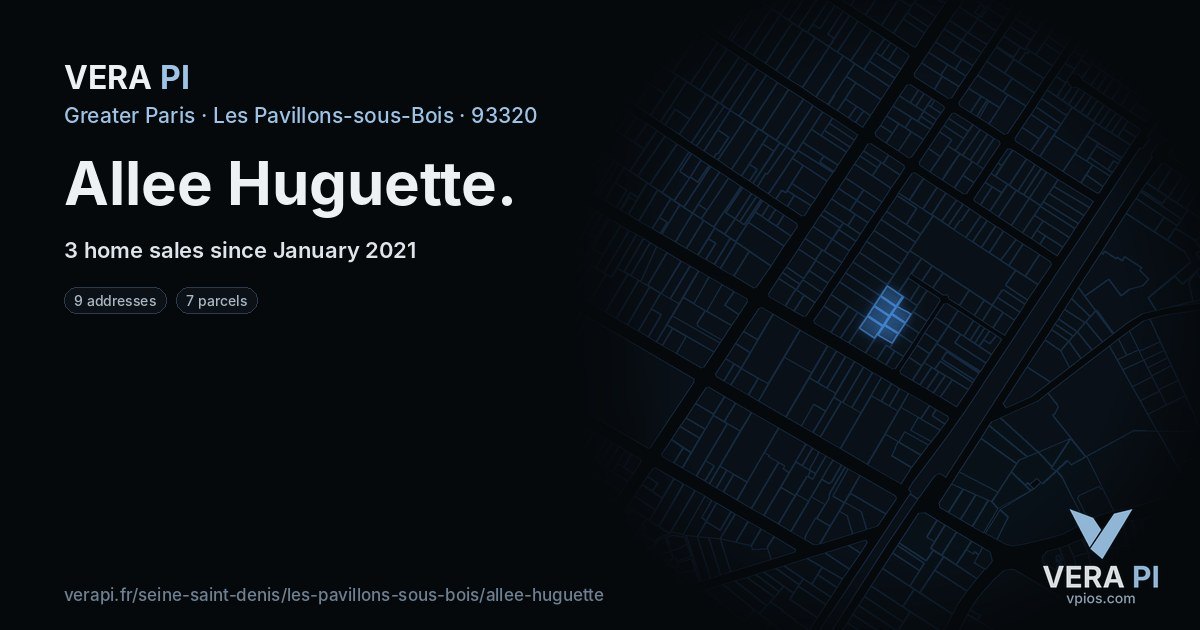 Allee Huguette, Les Pavillons-sous-Bois at night – every parcel coloured by the prices around it, the street's own parcels lit