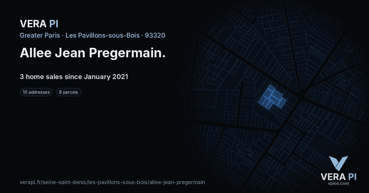 Allee Jean Pregermain, Les Pavillons-sous-Bois at night – every parcel coloured by the prices around it, the street's own parcels lit