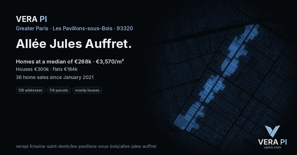 Allée Jules Auffret, Les Pavillons-sous-Bois at night – every parcel coloured by the prices around it, the street's own parcels lit
