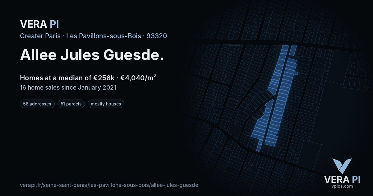 Allee Jules Guesde, Les Pavillons-sous-Bois at night – every parcel coloured by the prices around it, the street's own parcels lit