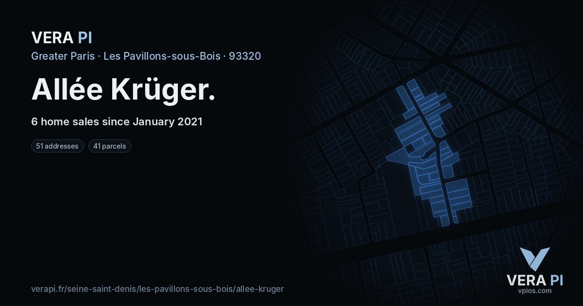Allée Krüger, Les Pavillons-sous-Bois at night – every parcel coloured by the prices around it, the street's own parcels lit