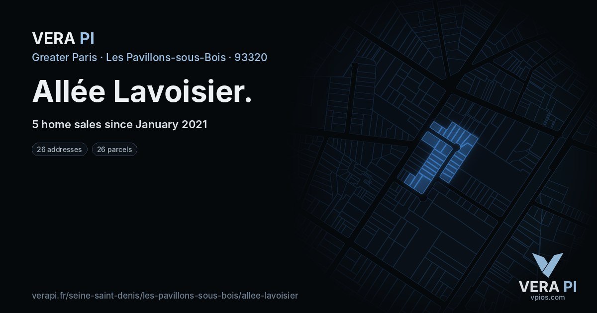 Allée Lavoisier, Les Pavillons-sous-Bois at night – every parcel coloured by the prices around it, the street's own parcels lit