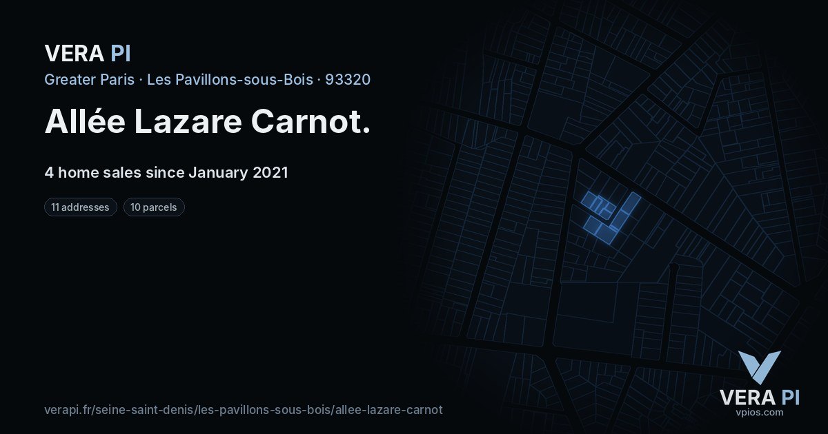 Allée Lazare Carnot, Les Pavillons-sous-Bois at night – every parcel coloured by the prices around it, the street's own parcels lit