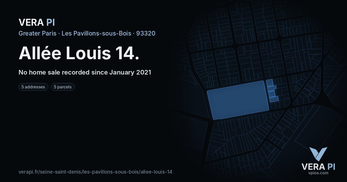 Allée Louis 14, Les Pavillons-sous-Bois at night – every parcel coloured by the prices around it, the street's own parcels lit