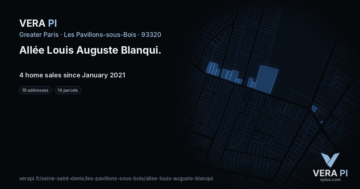 Allée Louis Auguste Blanqui, Les Pavillons-sous-Bois at night – every parcel coloured by the prices around it, the street's own parcels lit