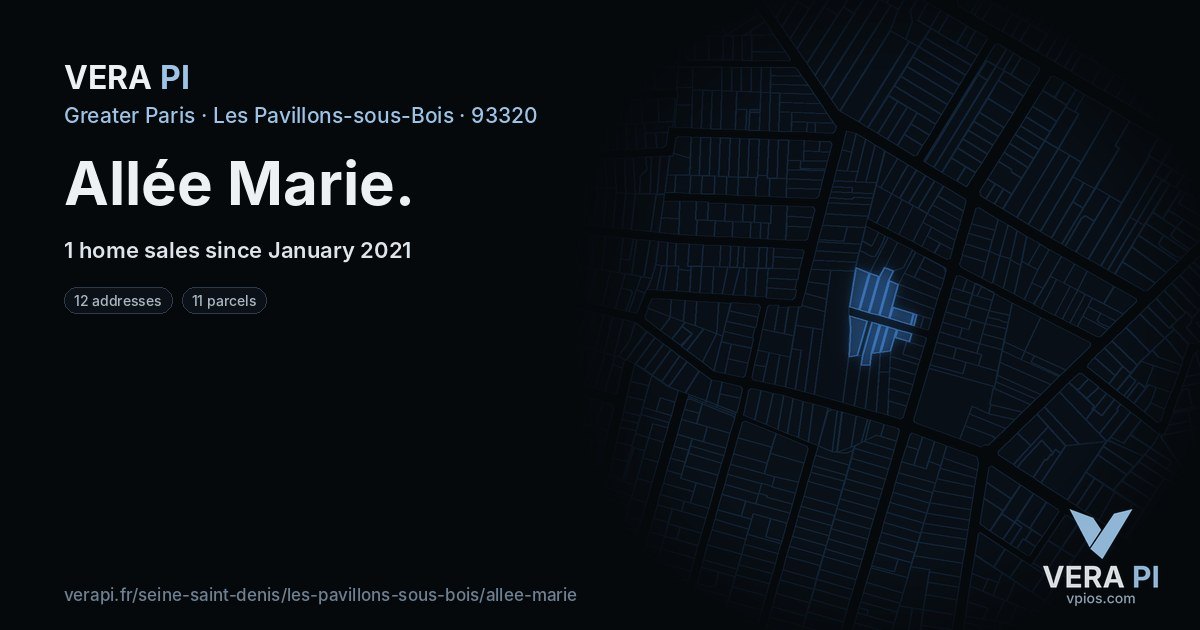 Allée Marie, Les Pavillons-sous-Bois at night – every parcel coloured by the prices around it, the street's own parcels lit