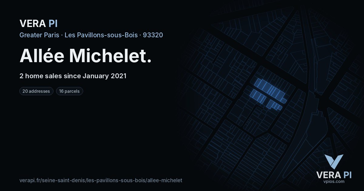 Allée Michelet, Les Pavillons-sous-Bois at night – every parcel coloured by the prices around it, the street's own parcels lit