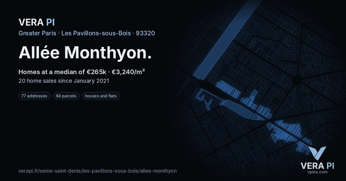 Allée Monthyon, Les Pavillons-sous-Bois at night – every parcel coloured by the prices around it, the street's own parcels lit
