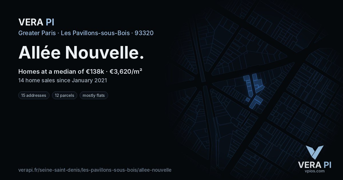 Allée Nouvelle, Les Pavillons-sous-Bois at night – every parcel coloured by the prices around it, the street's own parcels lit