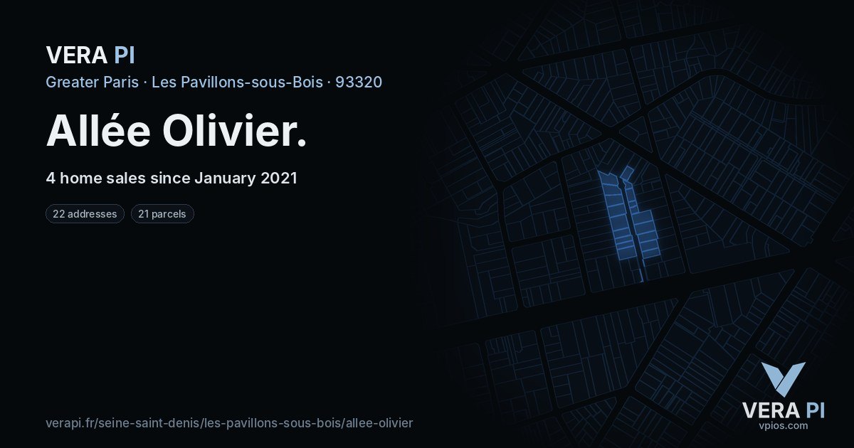 Allée Olivier, Les Pavillons-sous-Bois at night – every parcel coloured by the prices around it, the street's own parcels lit