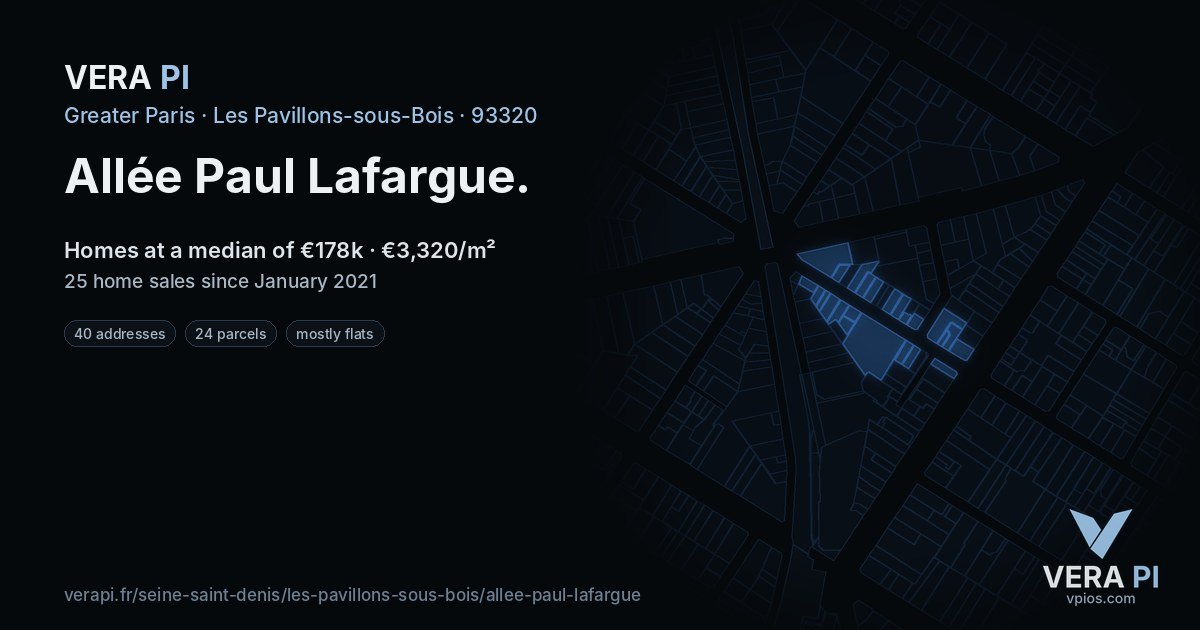 Allée Paul Lafargue, Les Pavillons-sous-Bois at night – every parcel coloured by the prices around it, the street's own parcels lit