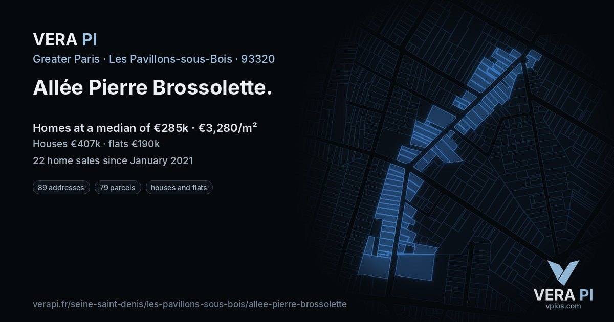 Allée Pierre Brossolette, Les Pavillons-sous-Bois at night – every parcel coloured by the prices around it, the street's own parcels lit