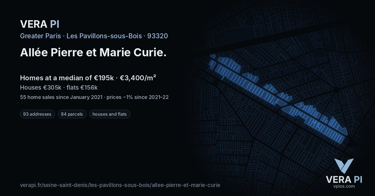 Allée Pierre et Marie Curie, Les Pavillons-sous-Bois at night – every parcel coloured by the prices around it, the street's own parcels lit