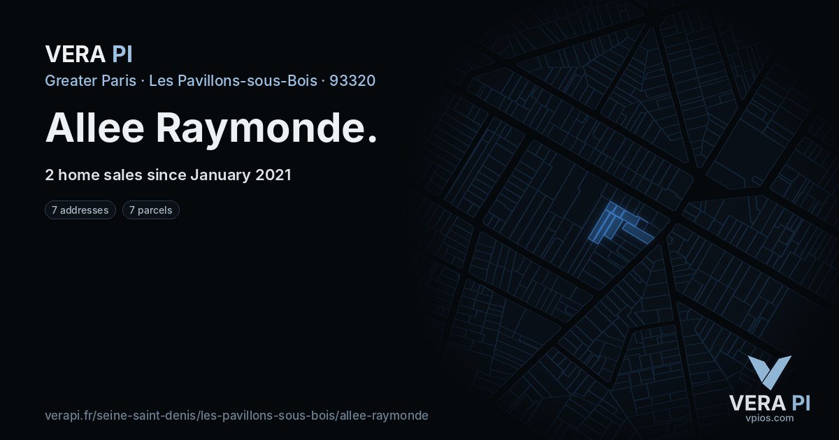Allee Raymonde, Les Pavillons-sous-Bois at night – every parcel coloured by the prices around it, the street's own parcels lit