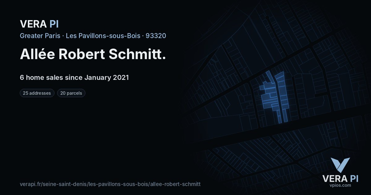 Allée Robert Schmitt, Les Pavillons-sous-Bois at night – every parcel coloured by the prices around it, the street's own parcels lit