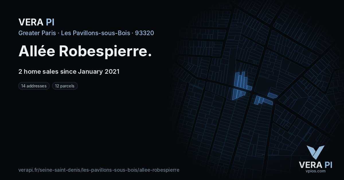 Allée Robespierre, Les Pavillons-sous-Bois at night – every parcel coloured by the prices around it, the street's own parcels lit