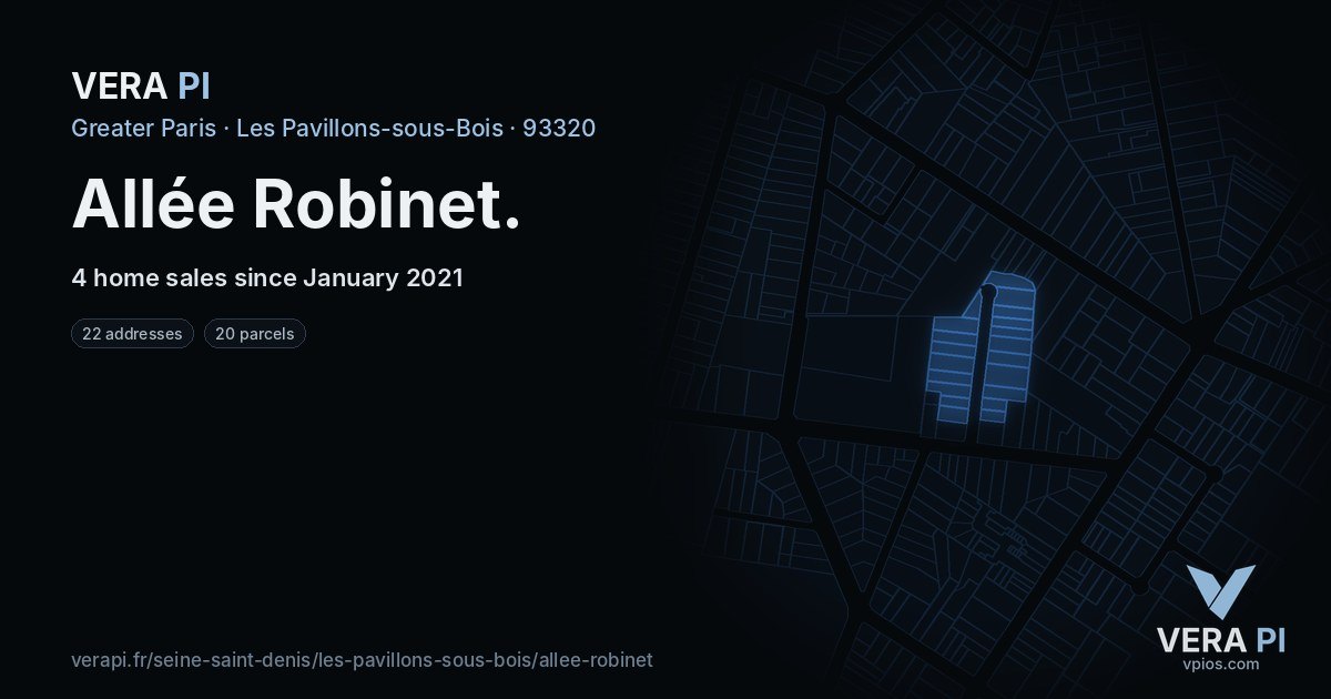 Allée Robinet, Les Pavillons-sous-Bois at night – every parcel coloured by the prices around it, the street's own parcels lit