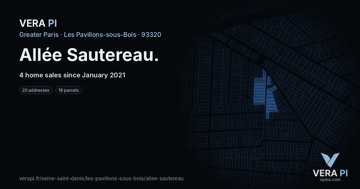 Allée Sautereau, Les Pavillons-sous-Bois at night – every parcel coloured by the prices around it, the street's own parcels lit
