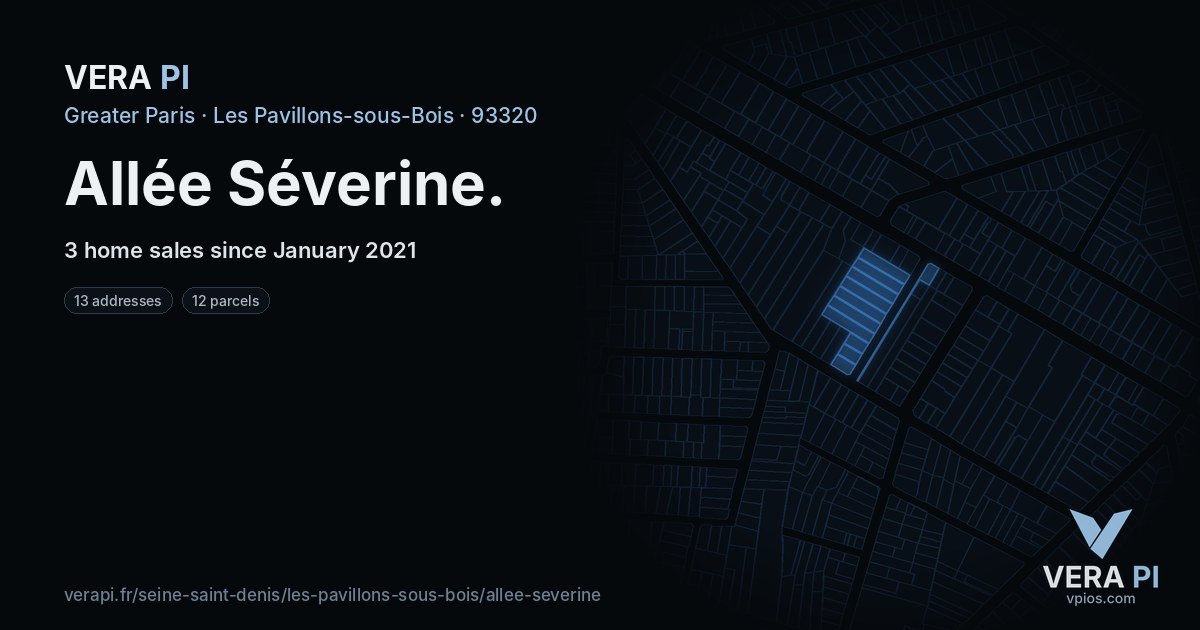 Allée Séverine, Les Pavillons-sous-Bois at night – every parcel coloured by the prices around it, the street's own parcels lit