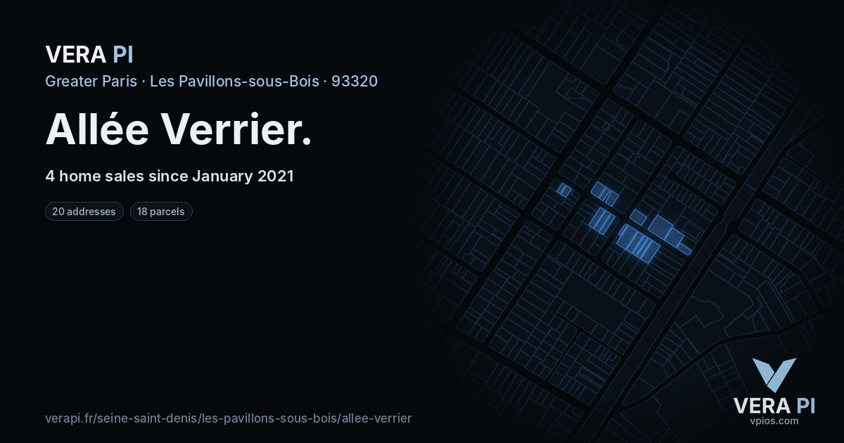 Allée Verrier, Les Pavillons-sous-Bois at night – every parcel coloured by the prices around it, the street's own parcels lit