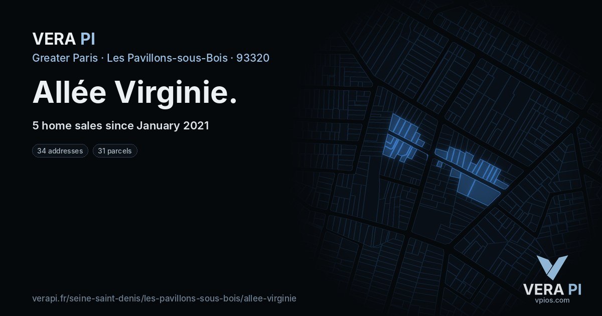 Allée Virginie, Les Pavillons-sous-Bois at night – every parcel coloured by the prices around it, the street's own parcels lit