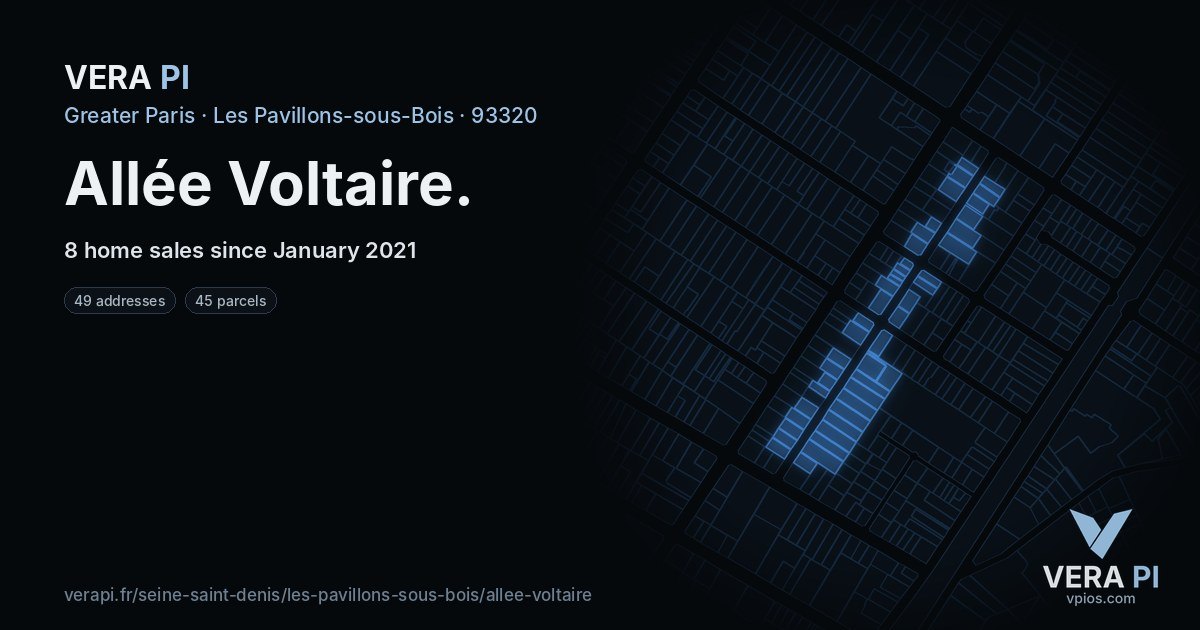 Allée Voltaire, Les Pavillons-sous-Bois at night – every parcel coloured by the prices around it, the street's own parcels lit