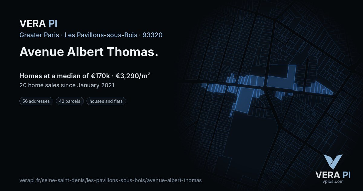 Avenue Albert Thomas, Les Pavillons-sous-Bois at night – every parcel coloured by the prices around it, the street's own parcels lit