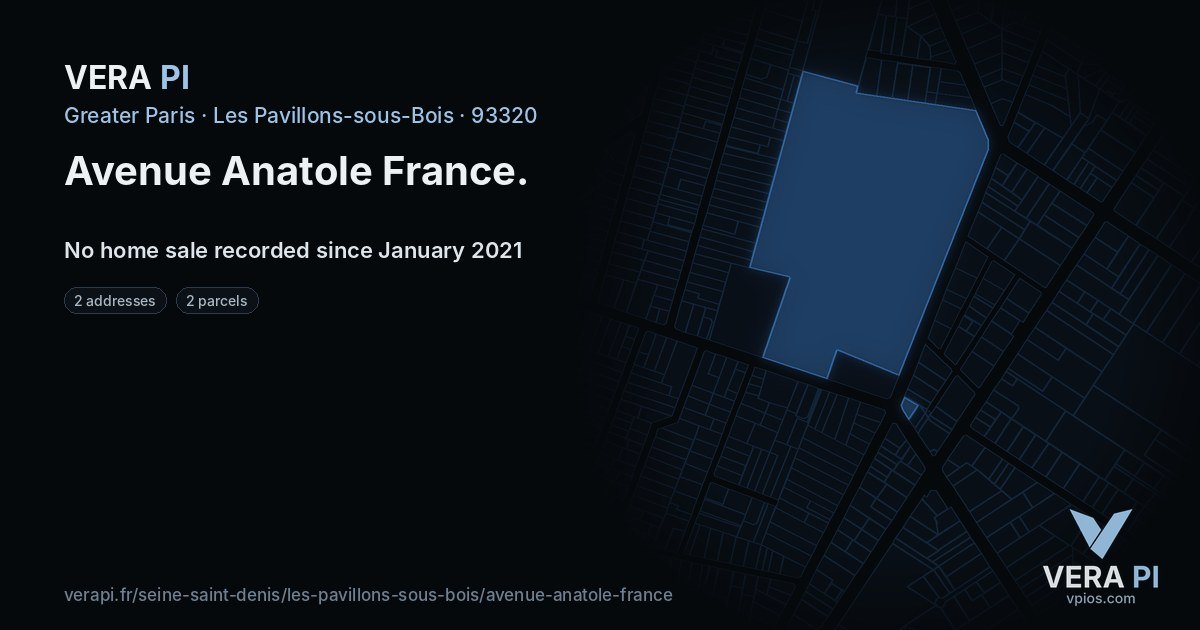 Avenue Anatole France, Les Pavillons-sous-Bois at night – every parcel coloured by the prices around it, the street's own parcels lit