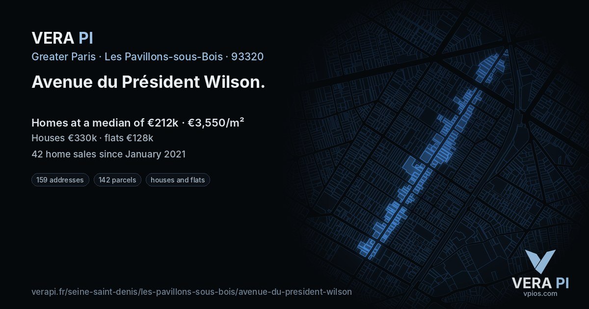 Avenue du Président Wilson, Les Pavillons-sous-Bois at night – every parcel coloured by the prices around it, the street's own parcels lit