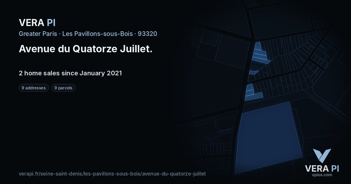 Avenue du Quatorze Juillet, Les Pavillons-sous-Bois at night – every parcel coloured by the prices around it, the street's own parcels lit