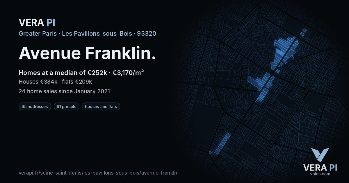 Avenue Franklin, Les Pavillons-sous-Bois at night – every parcel coloured by the prices around it, the street's own parcels lit
