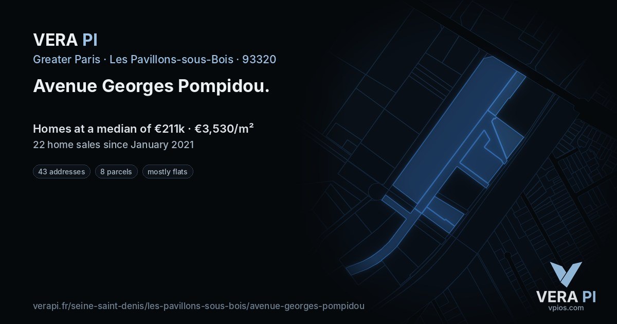 Avenue Georges Pompidou, Les Pavillons-sous-Bois at night – every parcel coloured by the prices around it, the street's own parcels lit