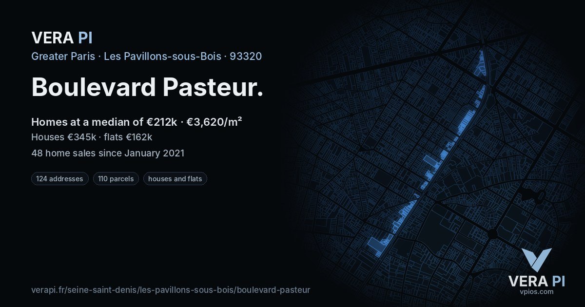 Boulevard Pasteur, Les Pavillons-sous-Bois at night – every parcel coloured by the prices around it, the street's own parcels lit