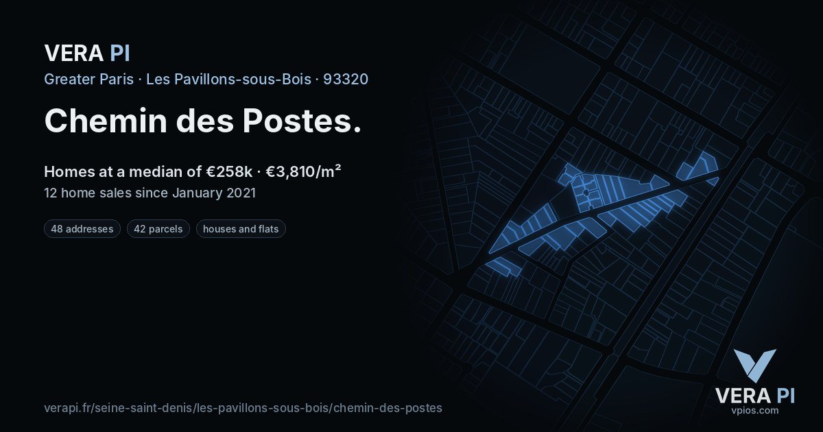 Chemin des Postes, Les Pavillons-sous-Bois at night – every parcel coloured by the prices around it, the street's own parcels lit