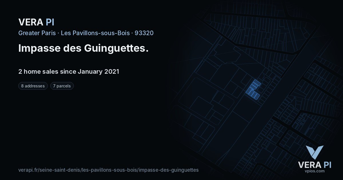 Impasse des Guinguettes, Les Pavillons-sous-Bois at night – every parcel coloured by the prices around it, the street's own parcels lit