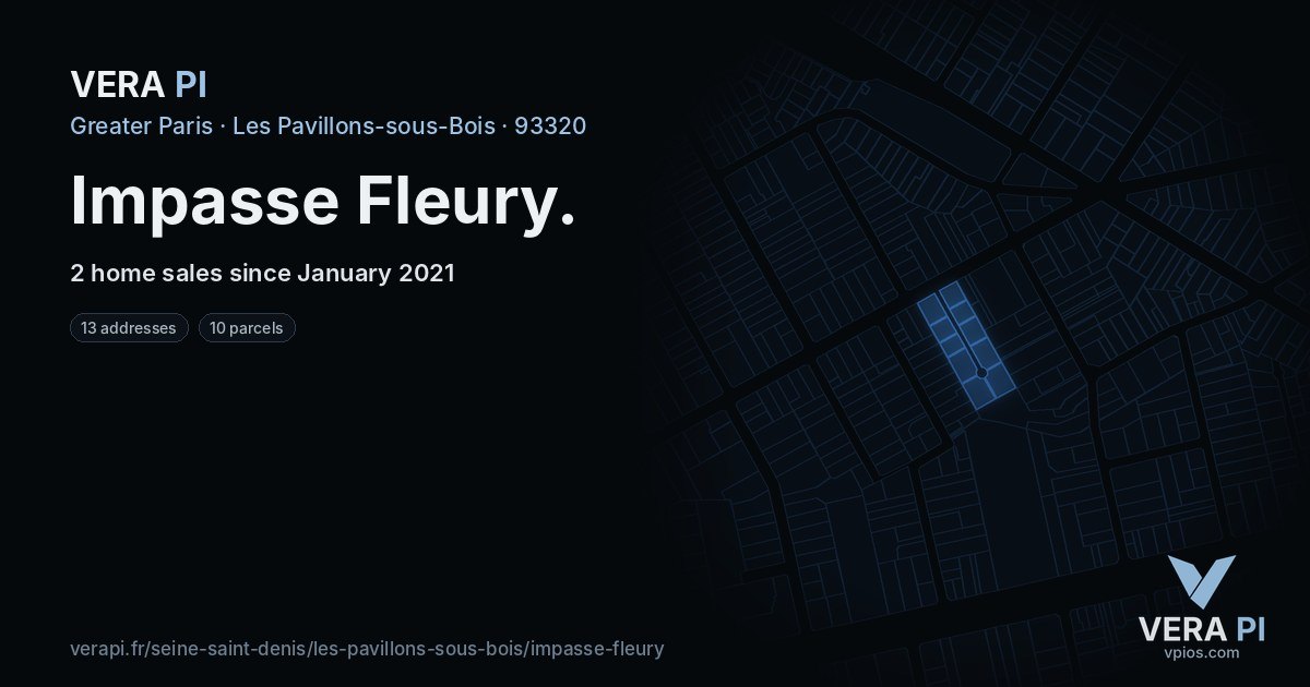 Impasse Fleury, Les Pavillons-sous-Bois at night – every parcel coloured by the prices around it, the street's own parcels lit