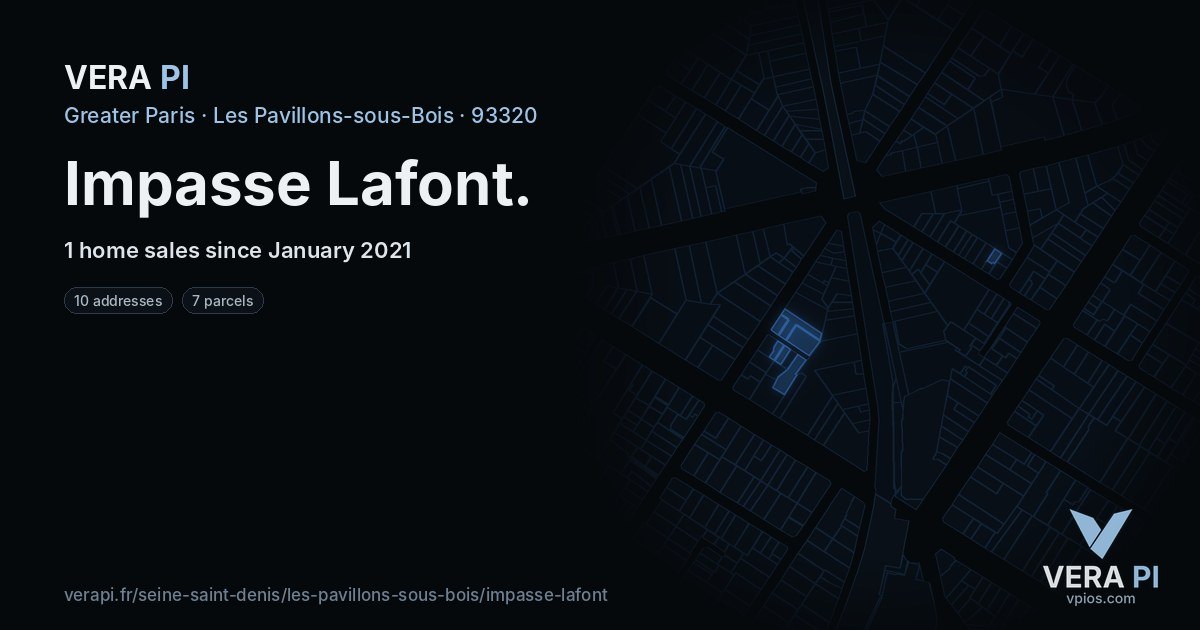 Impasse Lafont, Les Pavillons-sous-Bois at night – every parcel coloured by the prices around it, the street's own parcels lit