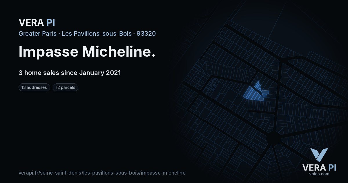Impasse Micheline, Les Pavillons-sous-Bois at night – every parcel coloured by the prices around it, the street's own parcels lit
