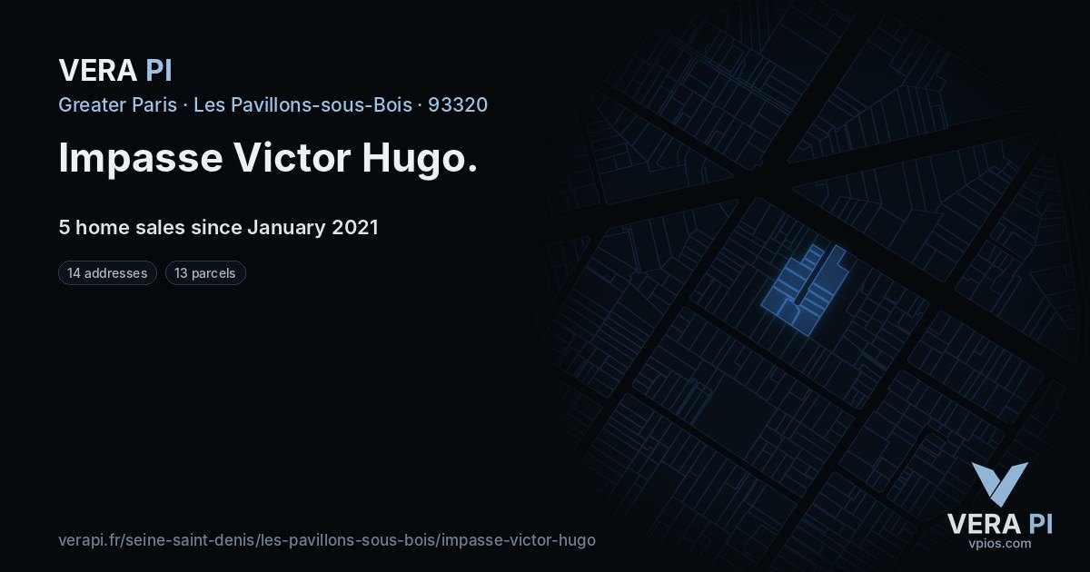 Impasse Victor Hugo, Les Pavillons-sous-Bois at night – every parcel coloured by the prices around it, the street's own parcels lit