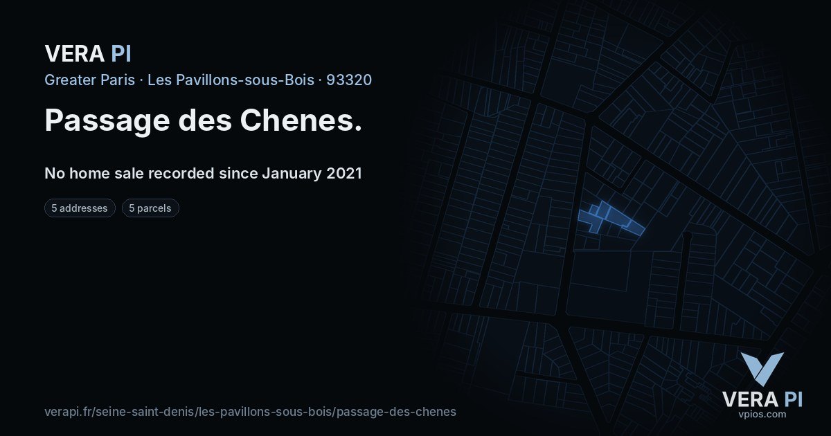 Passage des Chenes, Les Pavillons-sous-Bois at night – every parcel coloured by the prices around it, the street's own parcels lit