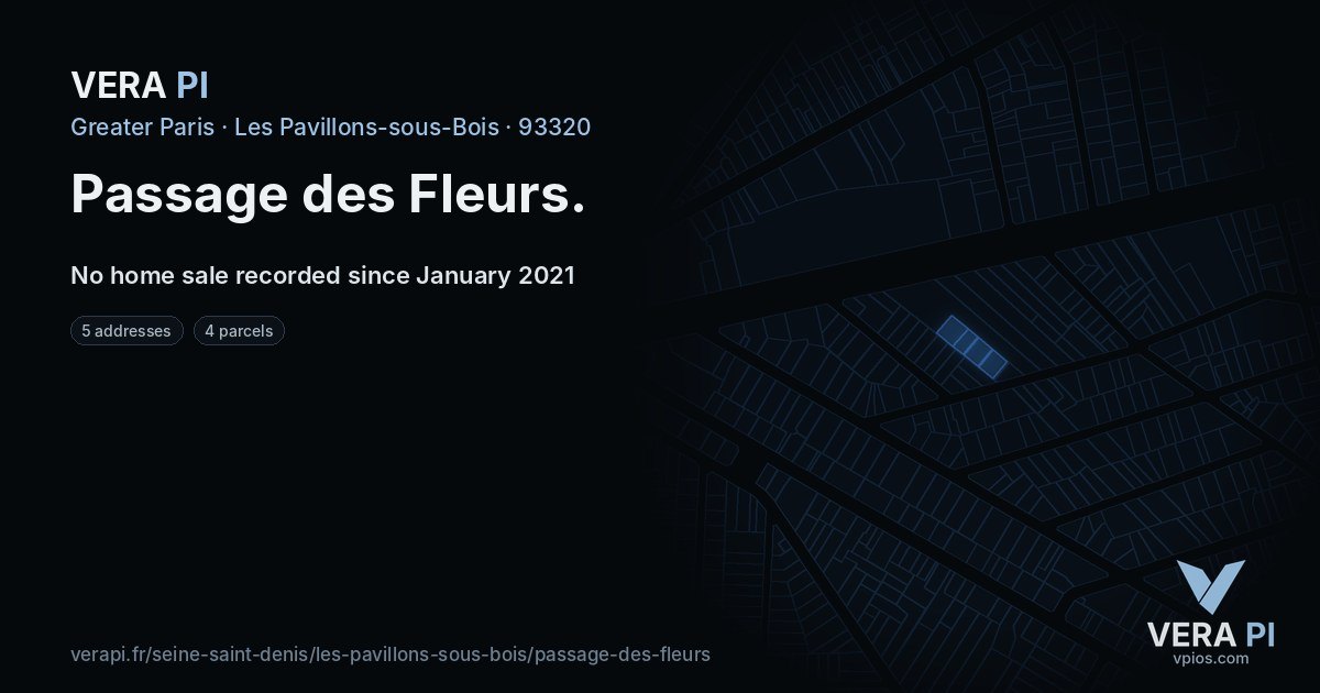 Passage des Fleurs, Les Pavillons-sous-Bois at night – every parcel coloured by the prices around it, the street's own parcels lit