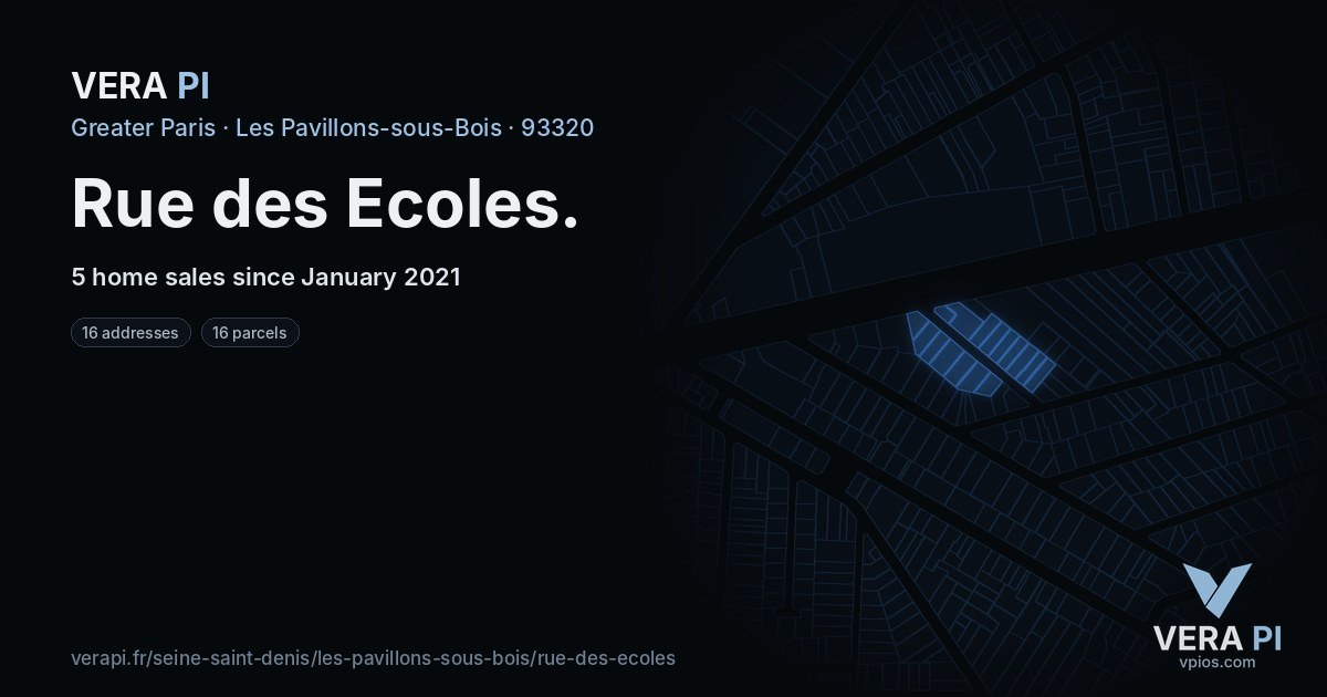 Rue des Ecoles, Les Pavillons-sous-Bois at night – every parcel coloured by the prices around it, the street's own parcels lit