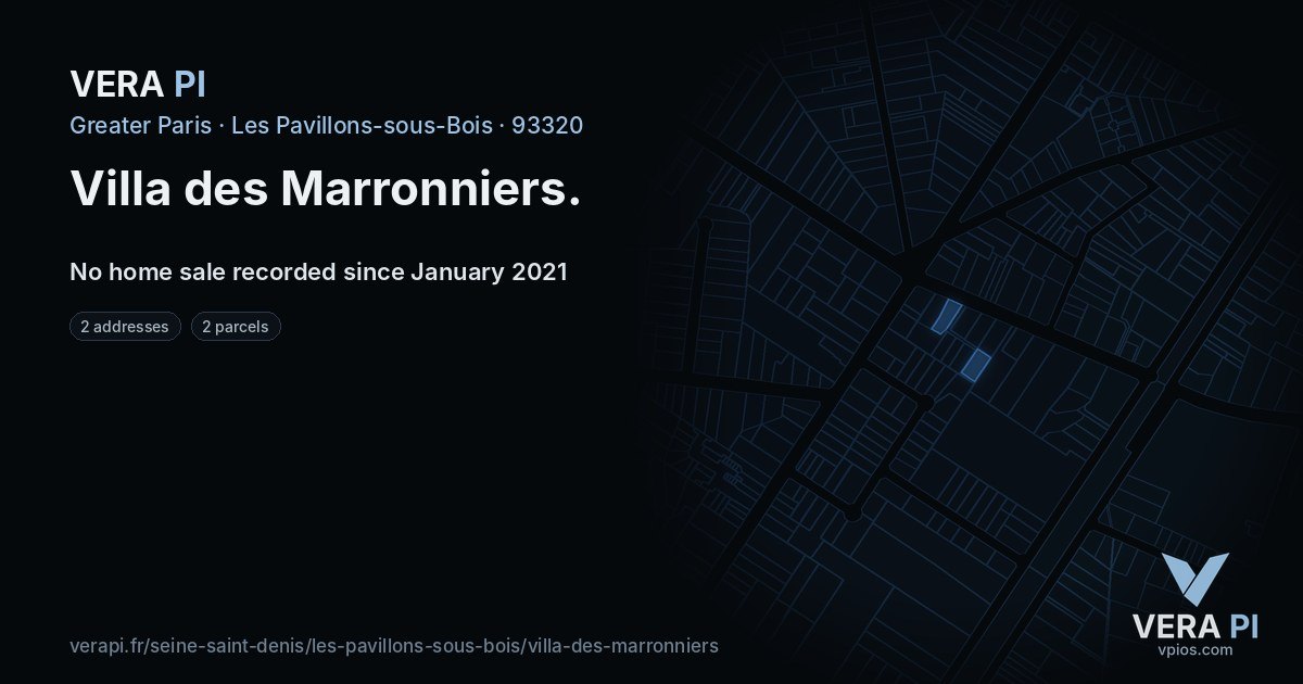 Villa des Marronniers, Les Pavillons-sous-Bois at night – every parcel coloured by the prices around it, the street's own parcels lit