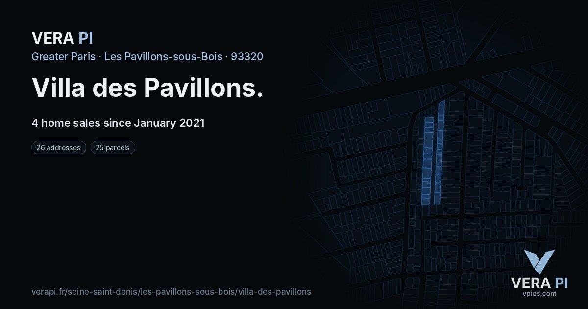 Villa des Pavillons, Les Pavillons-sous-Bois at night – every parcel coloured by the prices around it, the street's own parcels lit