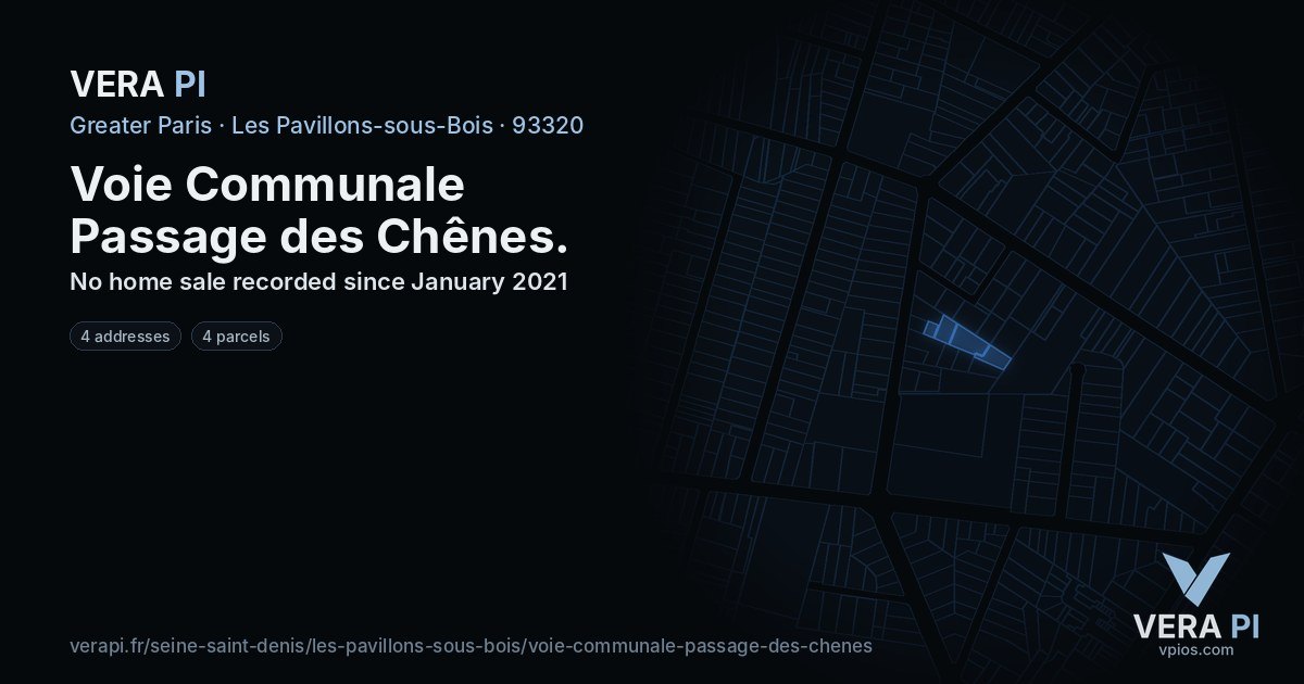 Voie Communale Passage des Chênes, Les Pavillons-sous-Bois at night – every parcel coloured by the prices around it, the street's own parcels lit