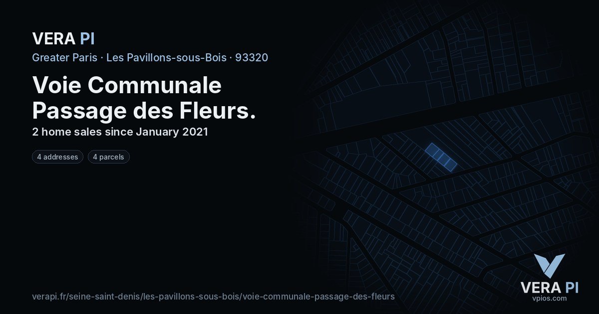 Voie Communale Passage des Fleurs, Les Pavillons-sous-Bois at night – every parcel coloured by the prices around it, the street's own parcels lit