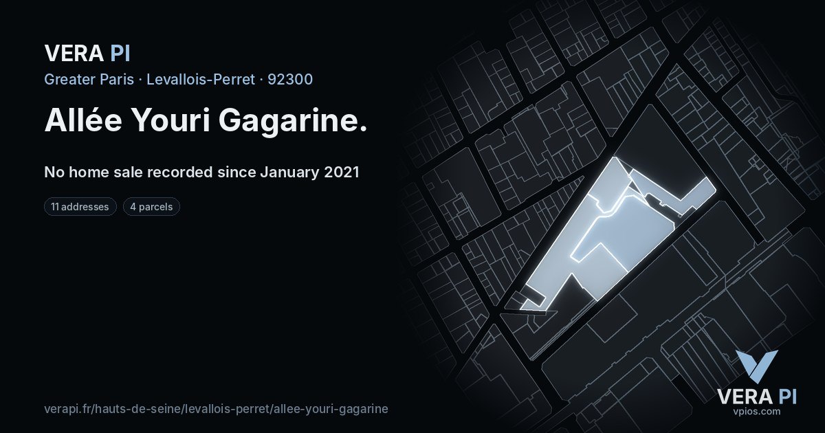 Allée Youri Gagarine, Levallois-Perret at night – every parcel coloured by the prices around it, the street's own parcels lit